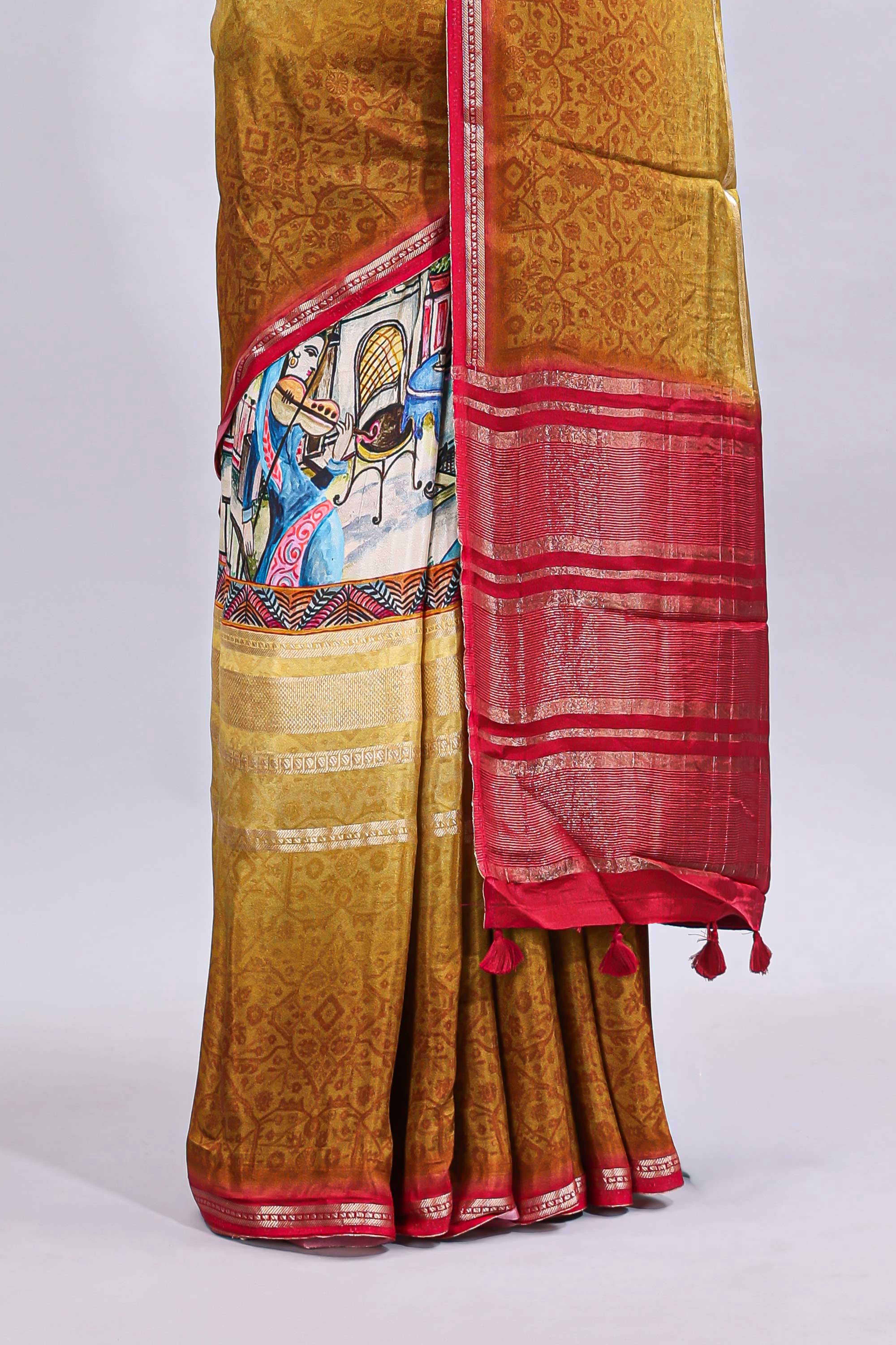 Multi color kalamkari style printed saree with traditional art design with contrast zari border and motifs blouse