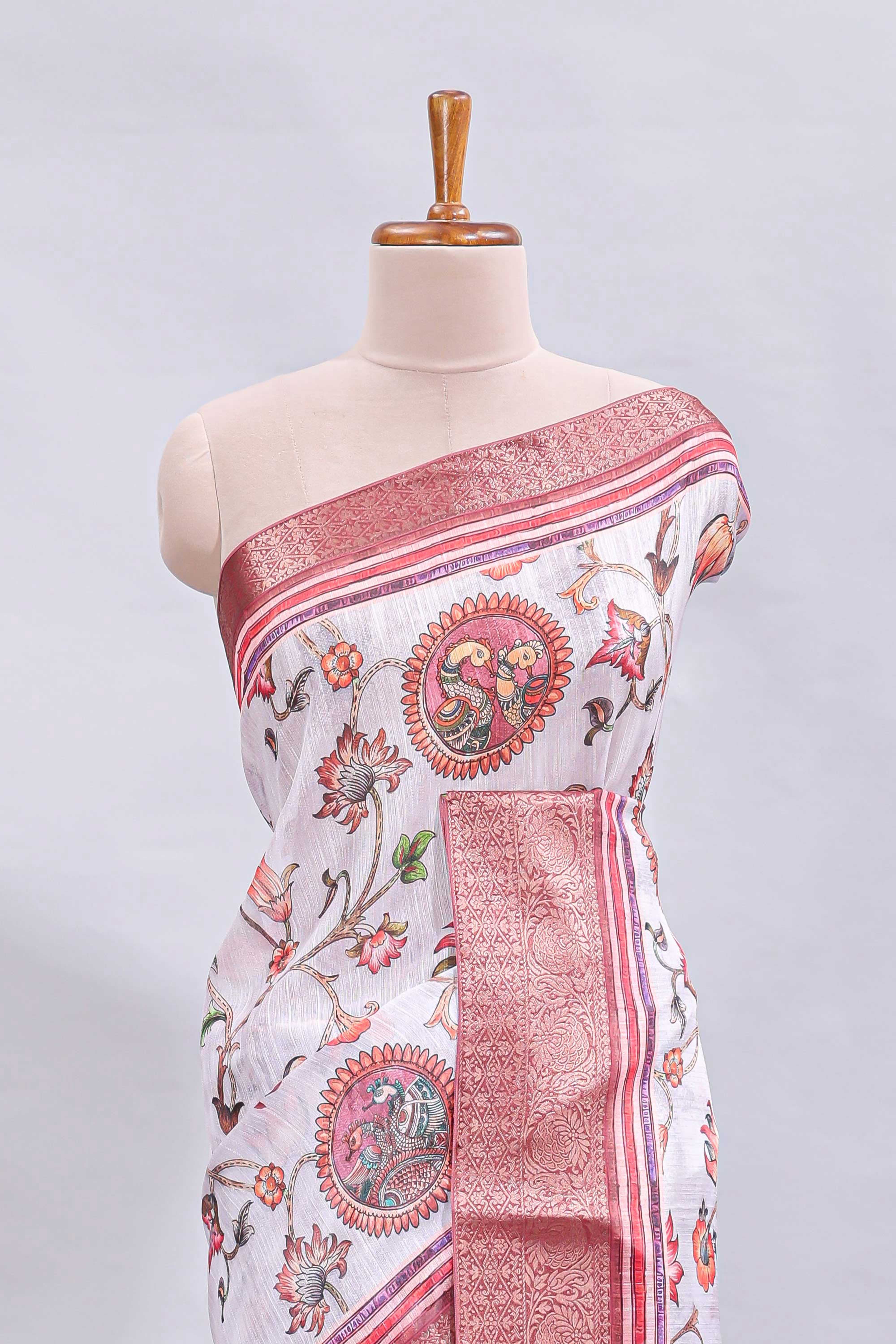 White floral & birds design printed saree with contrast zari border and matching blouse