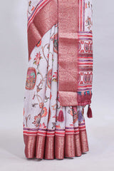 White floral & birds design printed saree with contrast zari border and matching blouse