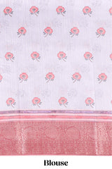 White floral & birds design printed saree with contrast zari border and matching blouse
