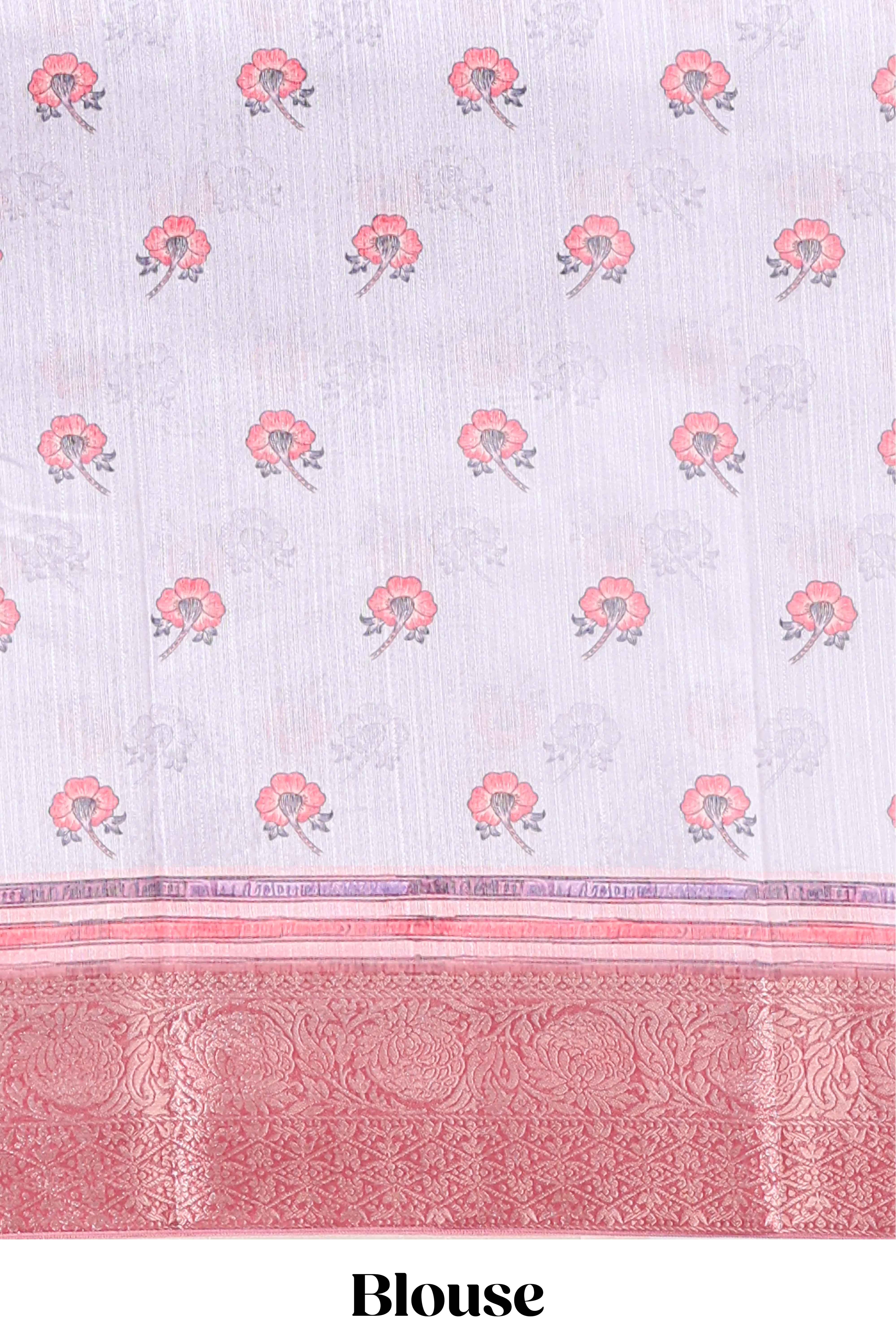 White floral & birds design printed saree with contrast zari border and matching blouse