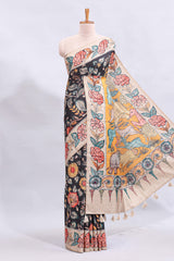 Black kalamkari style floral design printed saree with contrast border and blouse