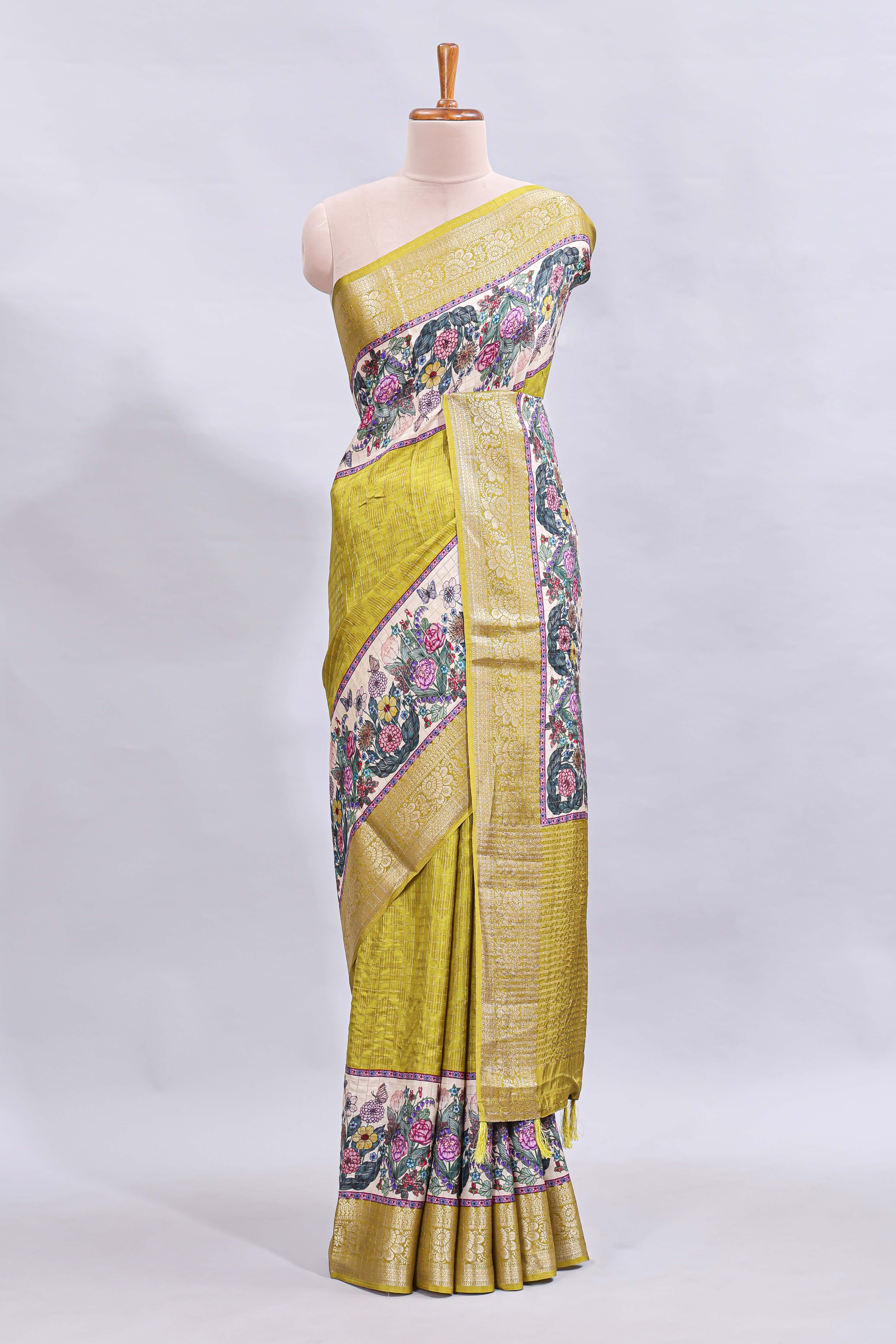 Green checked & bottom floral design printed saree with self border and matching blouse