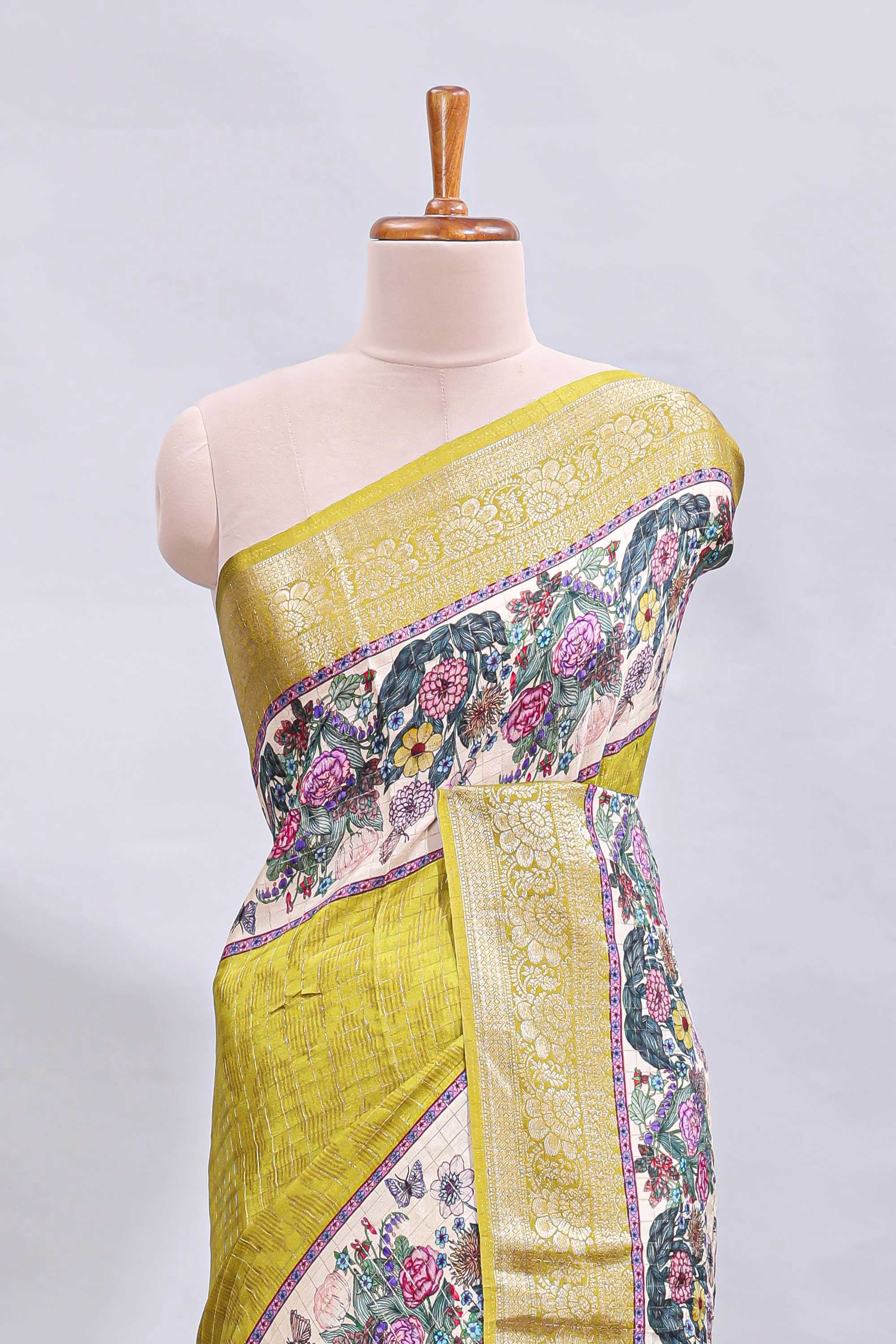 Green checked & bottom floral design printed saree with self border and matching blouse