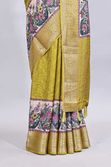 Green checked & bottom floral design printed saree with self border and matching blouse