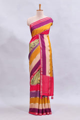 Multi color kalamkari style printed saree with contrast zari border and motifs blouse