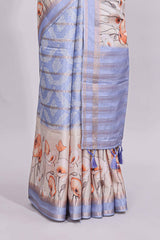 Lavender geometric zari striped bottom floral design self border and matching blouse