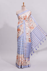 Lavender geometric zari striped bottom floral design self border and matching blouse