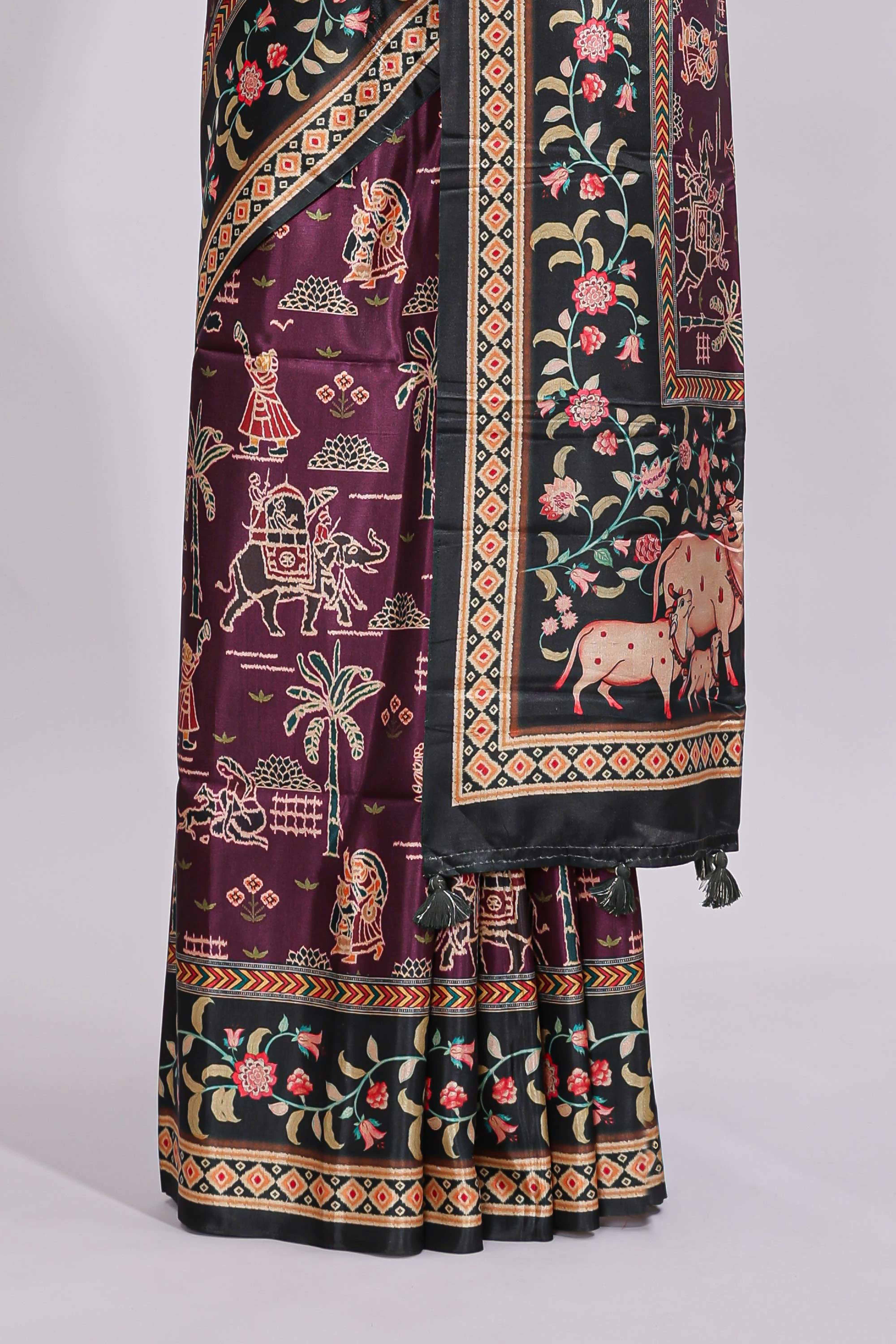 Purple trational design motifs printed saree with contrast border and plain blouse