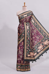 Purple trational design motifs printed saree with contrast border and plain blouse