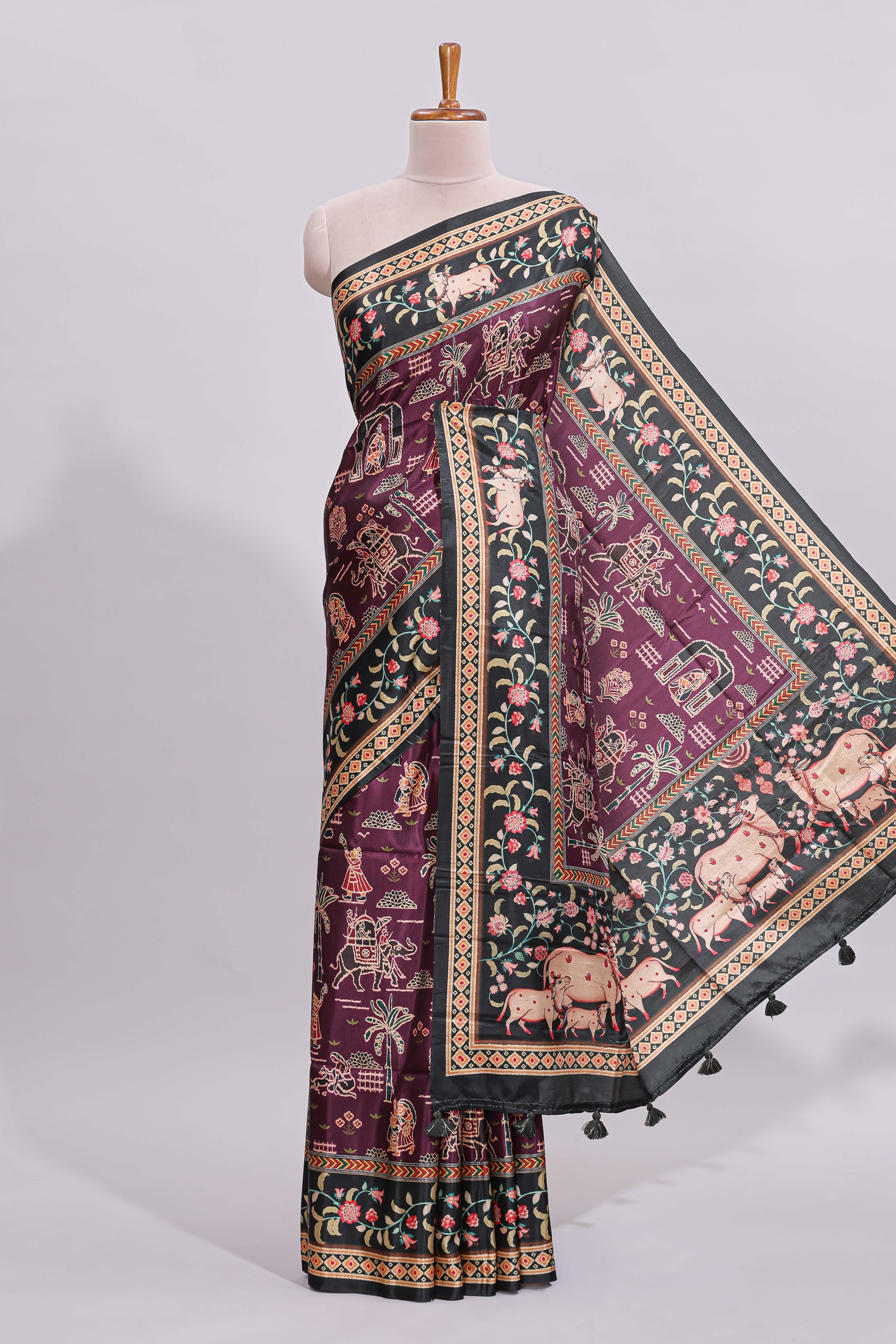 Purple trational design motifs printed saree with contrast border and plain blouse