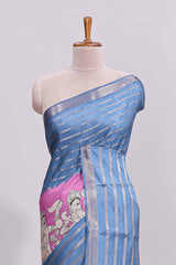 Beige trational kalamkari style printed saree with contrast border and printed blouse