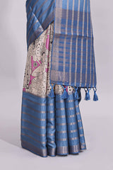 Beige trational kalamkari style printed saree with contrast border and printed blouse