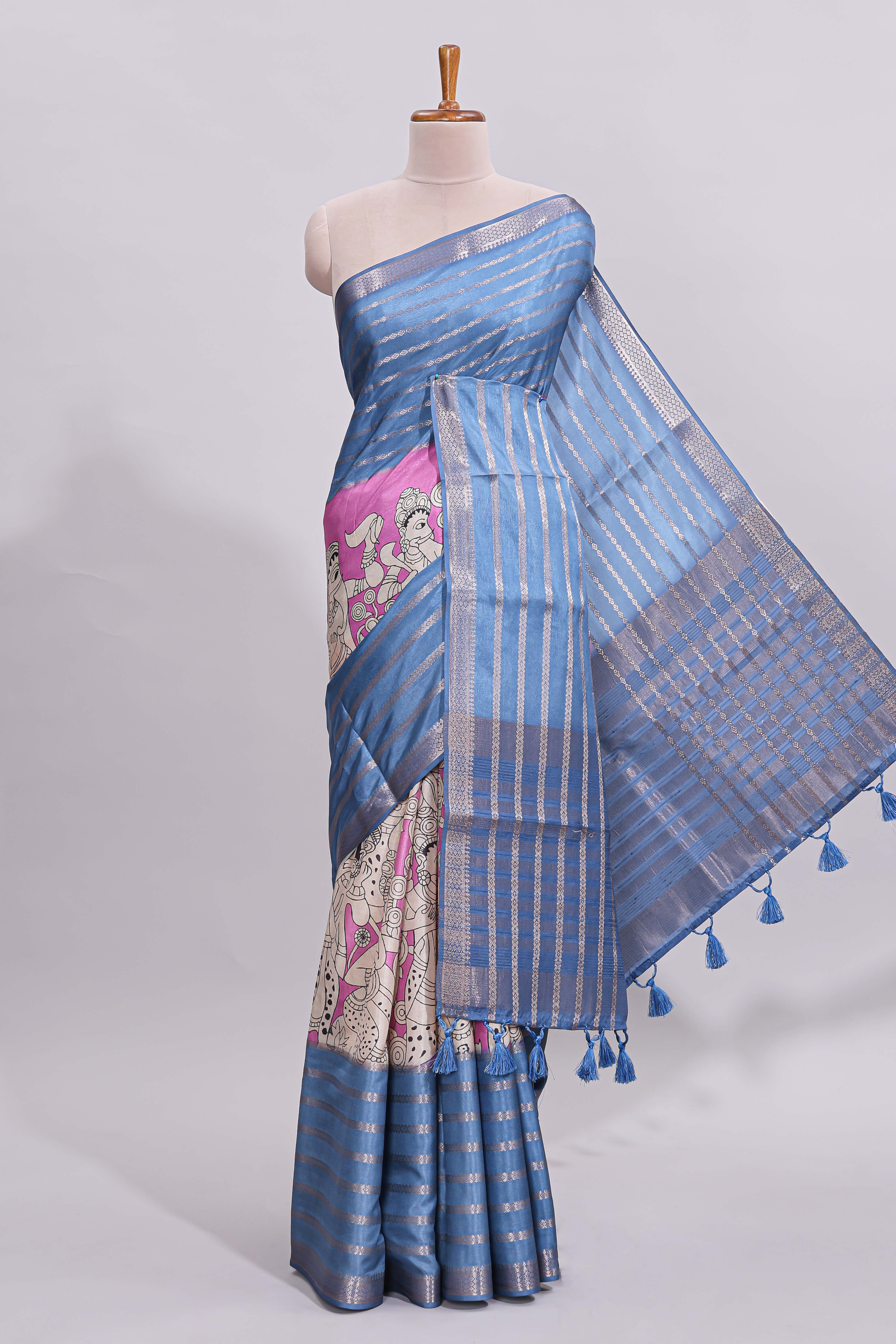 Beige trational kalamkari style printed saree with contrast border and printed blouse