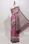 Pink ikkat style floral motifs tussar saree with contrast border and crane bird motif blouse