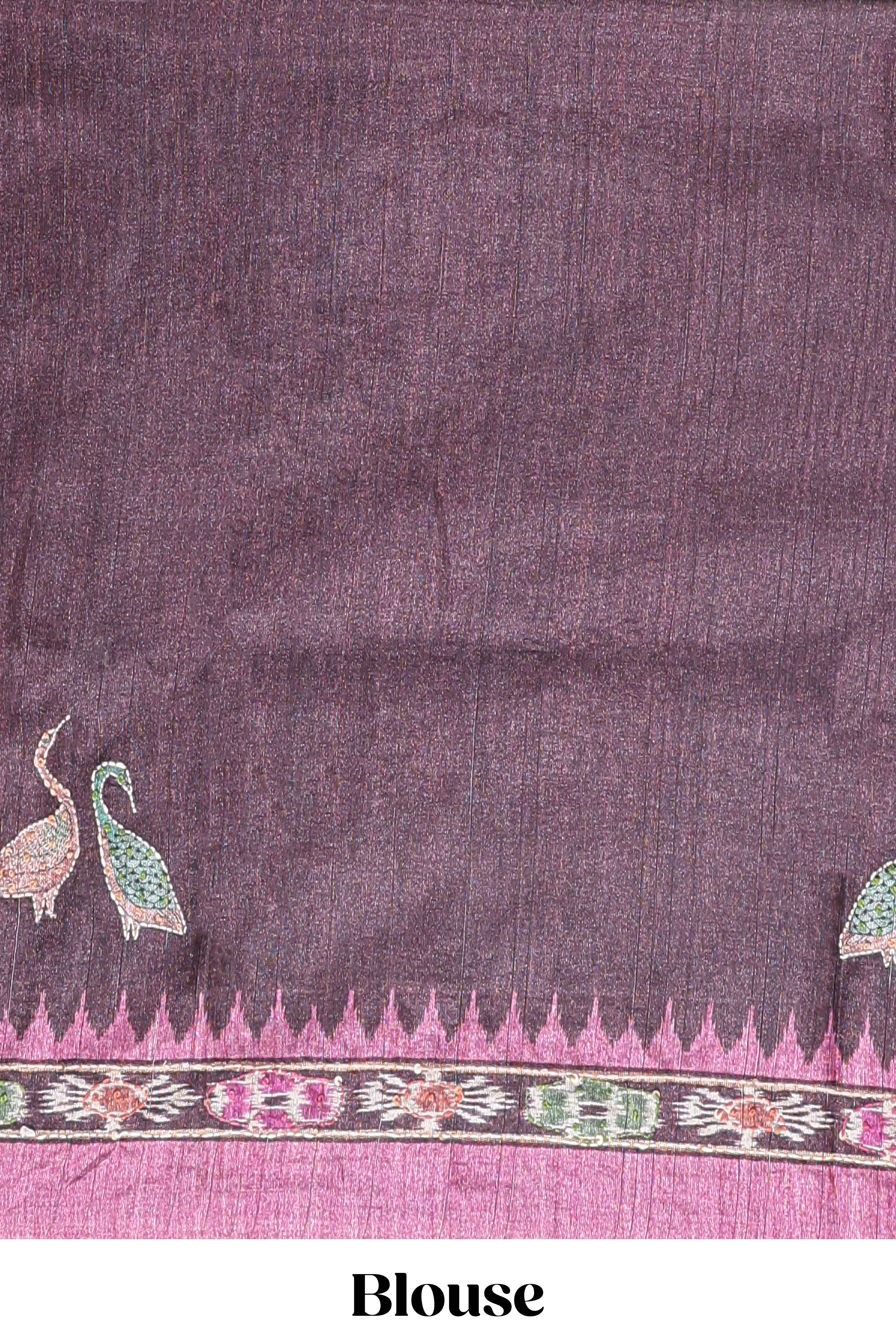 Pink ikkat style floral motifs tussar saree with contrast border and crane bird motif blouse