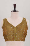 Mustard butta chamki work embroidered readymade designer blouse, sleeveless sweatheart neck with back tassels