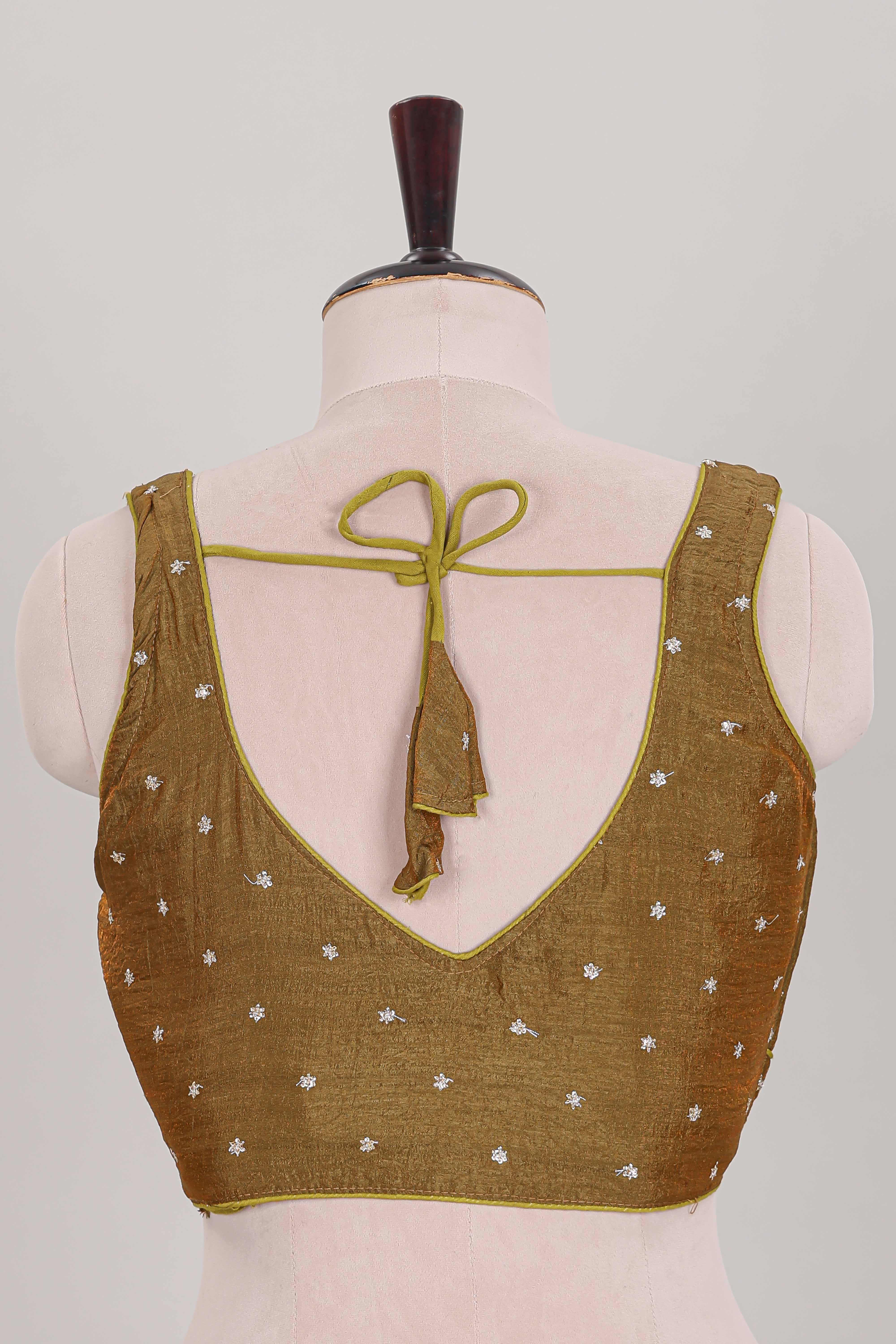 Mustard butta chamki work embroidered readymade designer blouse, sleeveless sweatheart neck with back tassels