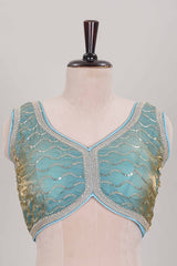 Sky blue embroidery work readymade designer blouse sleeveless sweatheart neck with back tassels