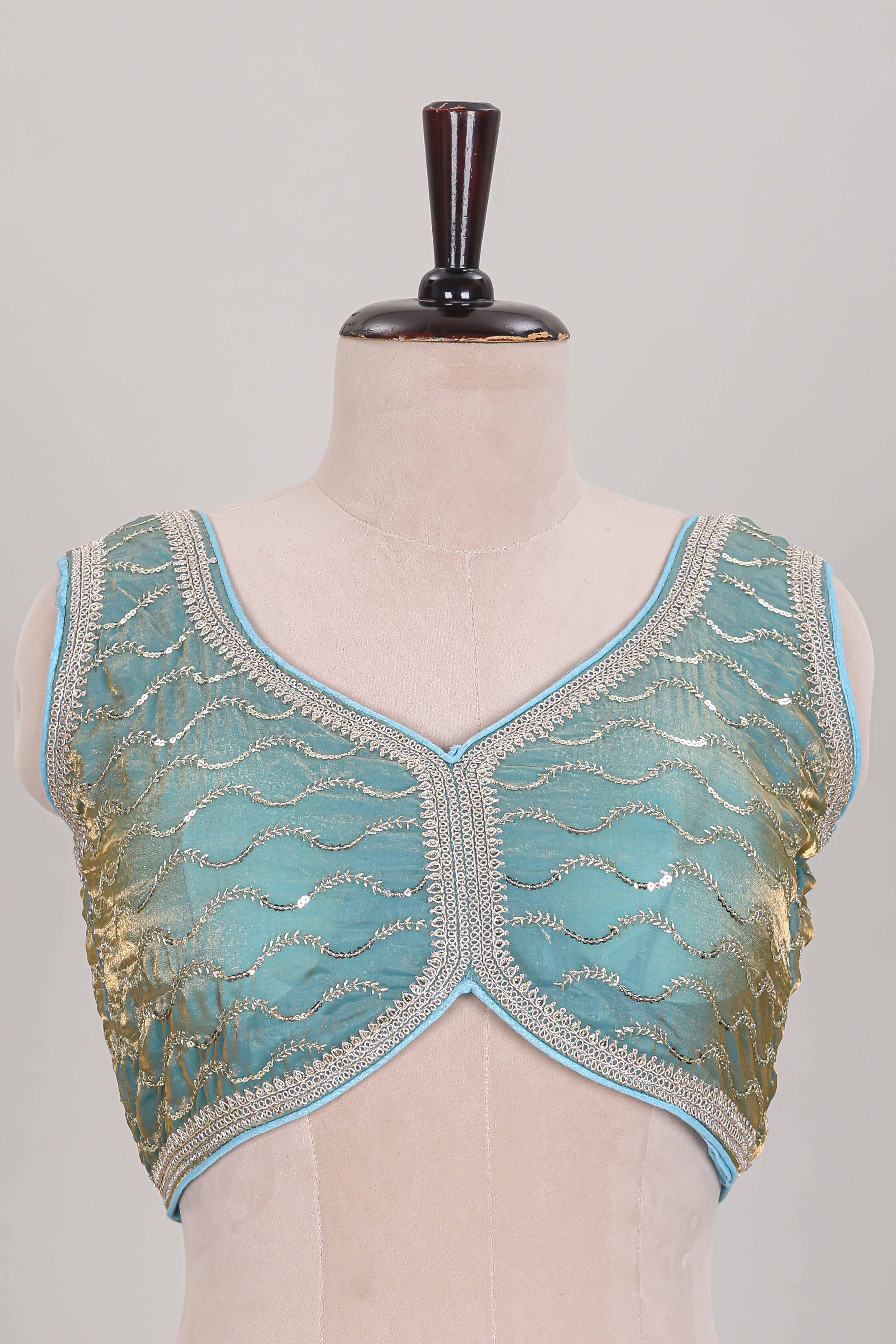 Sky blue embroidery work readymade designer blouse sleeveless sweatheart neck with back tassels