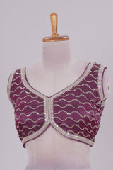 Purple chamki embroidery work readymade designer blouse, sleeveless V neck with back tassels