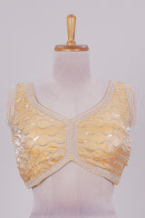 Yellow chamki embroidery work readymade designer blouse, sleeveless V neck with back tassels