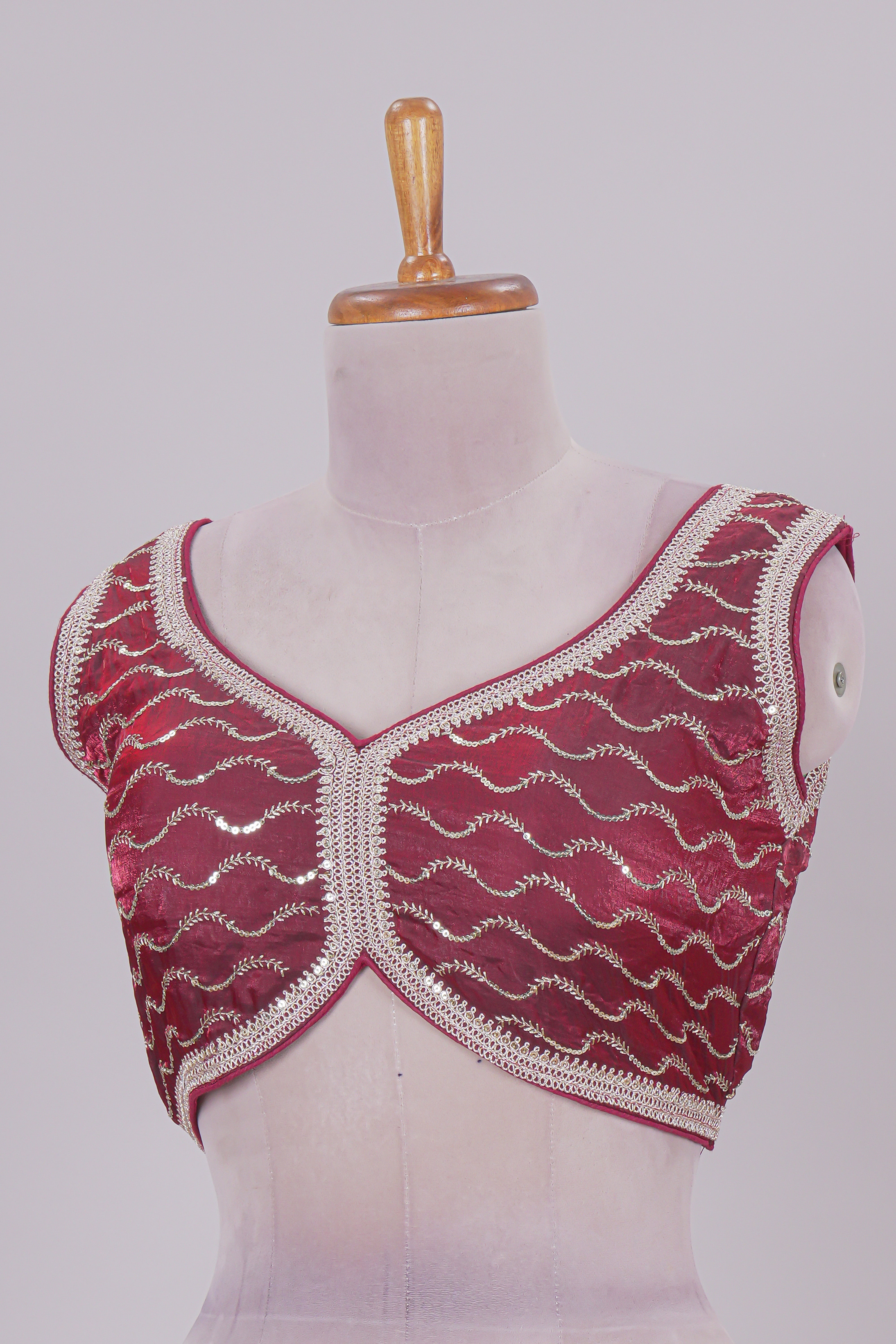 Maroon chamki embroidery work readymade designer blouse, sleeveless V neck with back tassels