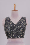 Black floral chamki embroidery work readymade designer blouse, sleeveless V neck with back tassels