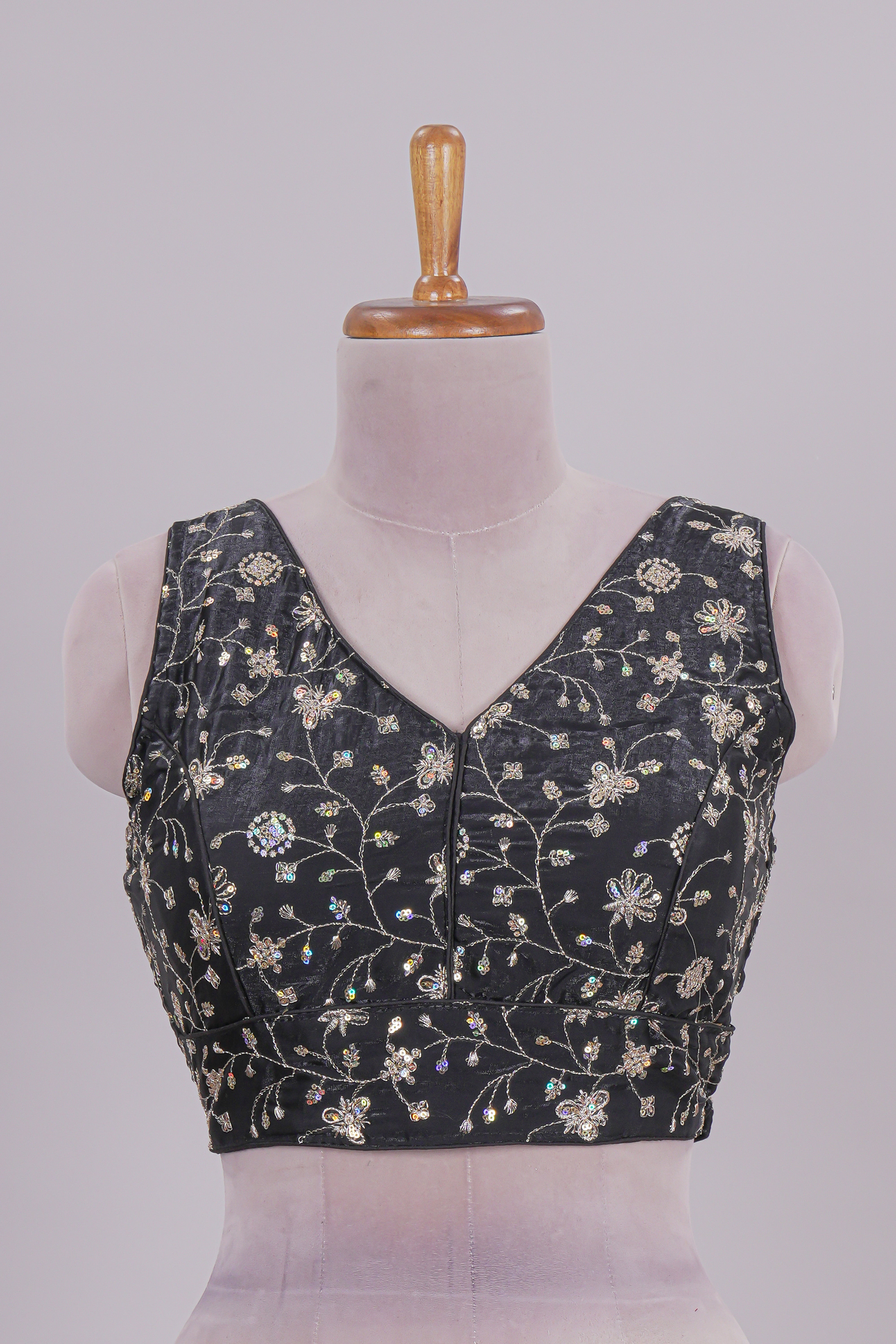 Black floral chamki embroidery work readymade designer blouse, sleeveless V neck with back tassels