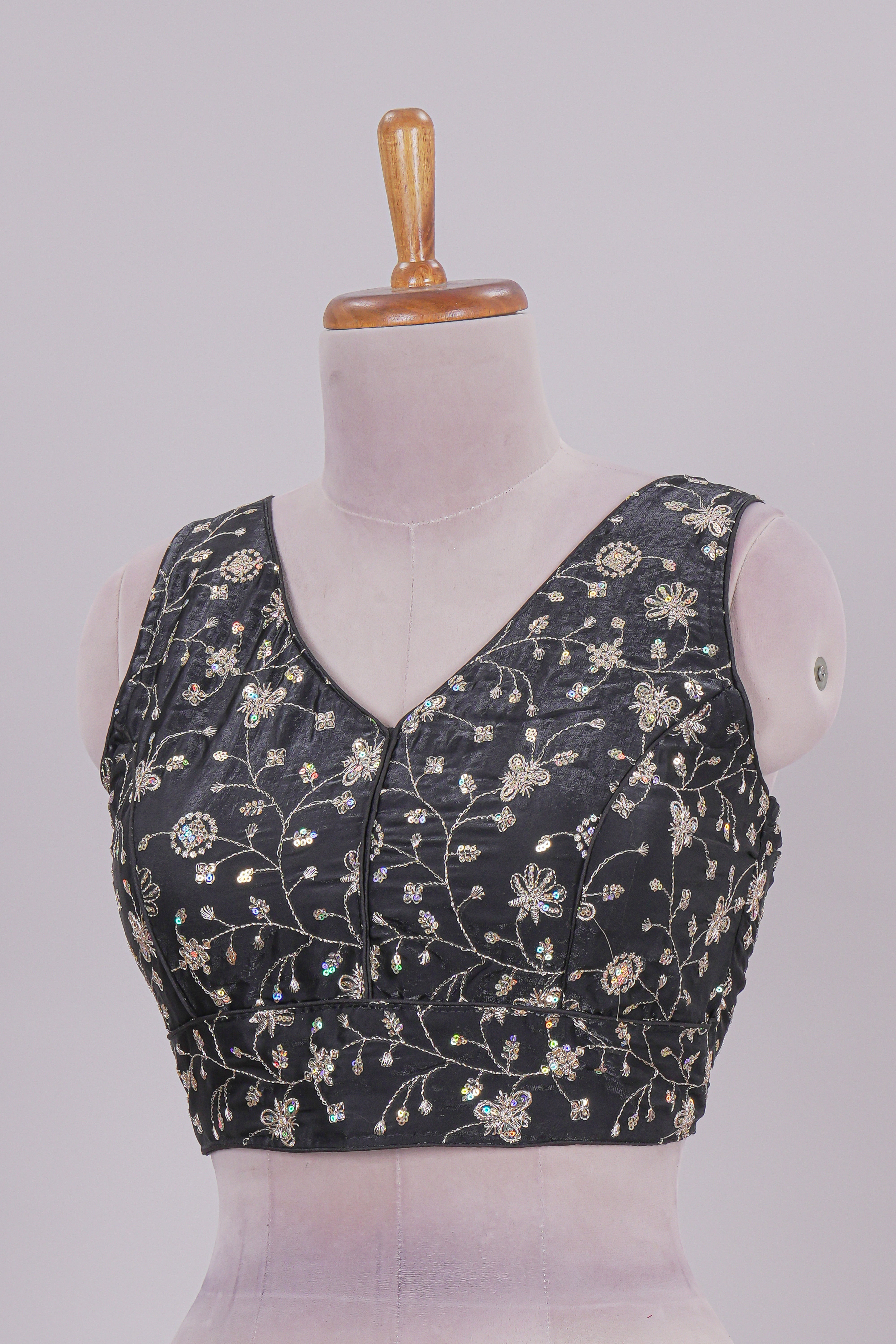 Black floral chamki embroidery work readymade designer blouse, sleeveless V neck with back tassels