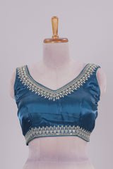 Steel blue chamki embroidery work readymade designer blouse, sleeveless V neck with back tassels