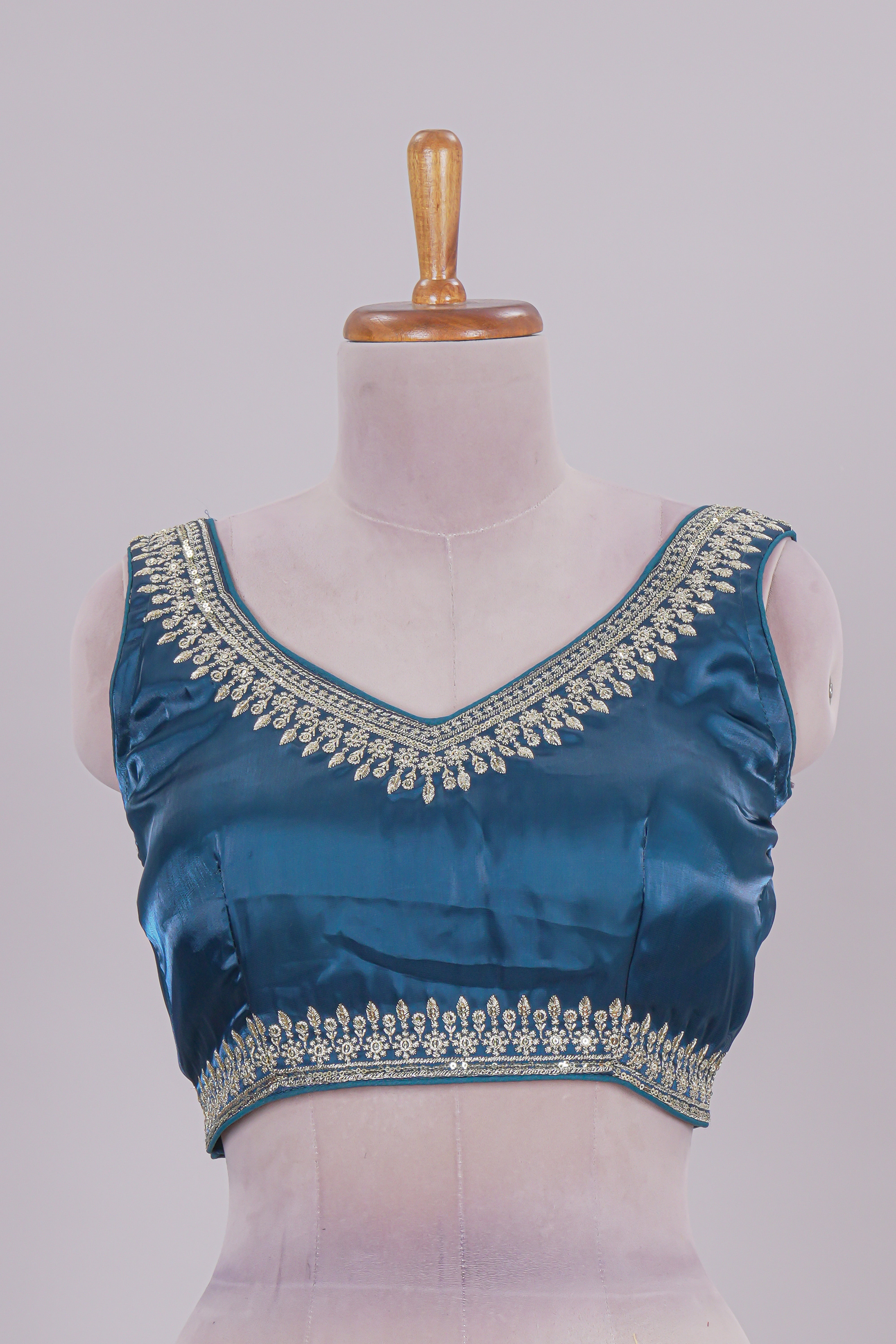 Steel blue chamki embroidery work readymade designer blouse, sleeveless V neck with back tassels