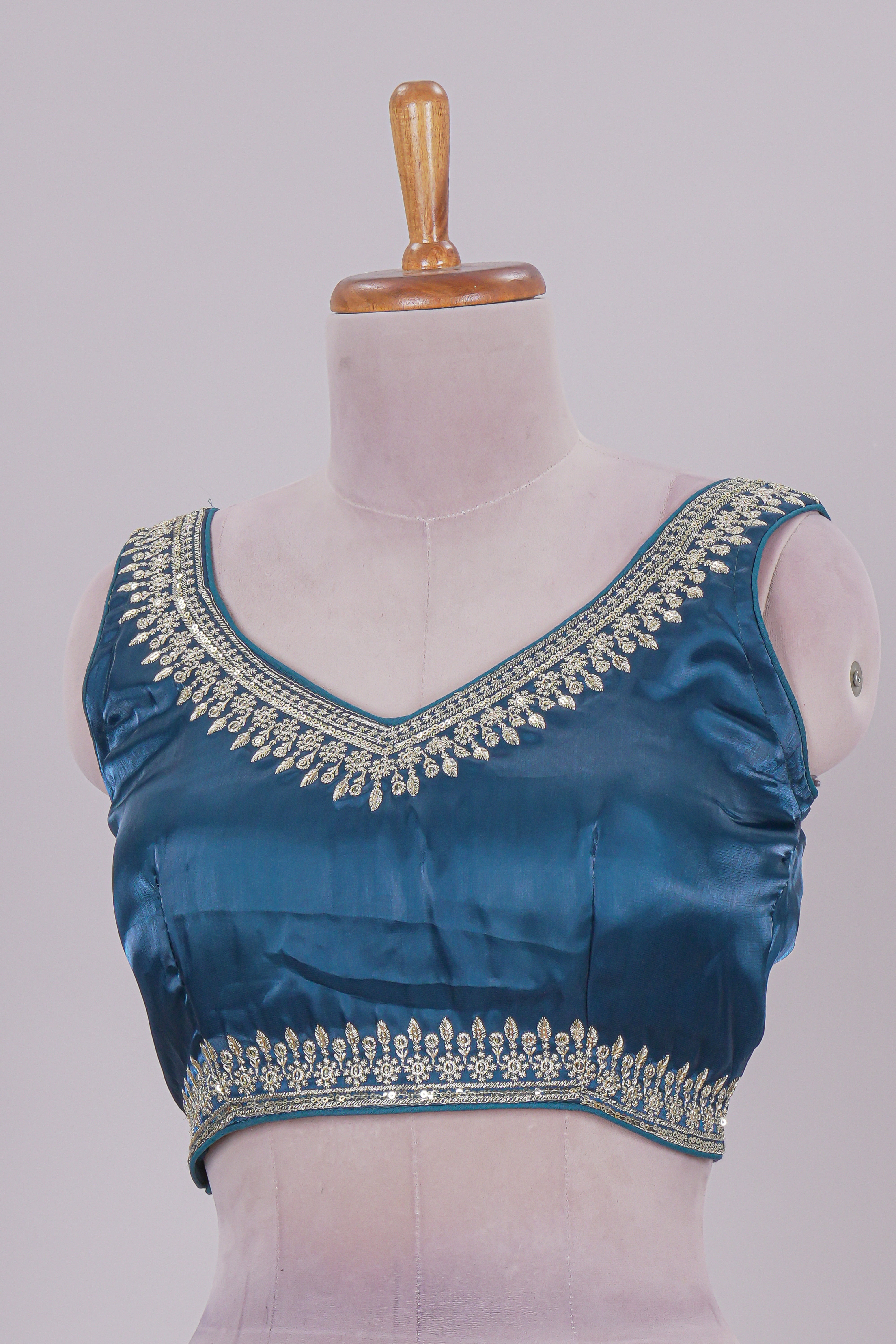 Steel blue chamki embroidery work readymade designer blouse, sleeveless V neck with back tassels