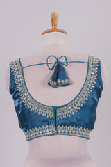 Steel blue chamki embroidery work readymade designer blouse, sleeveless V neck with back tassels