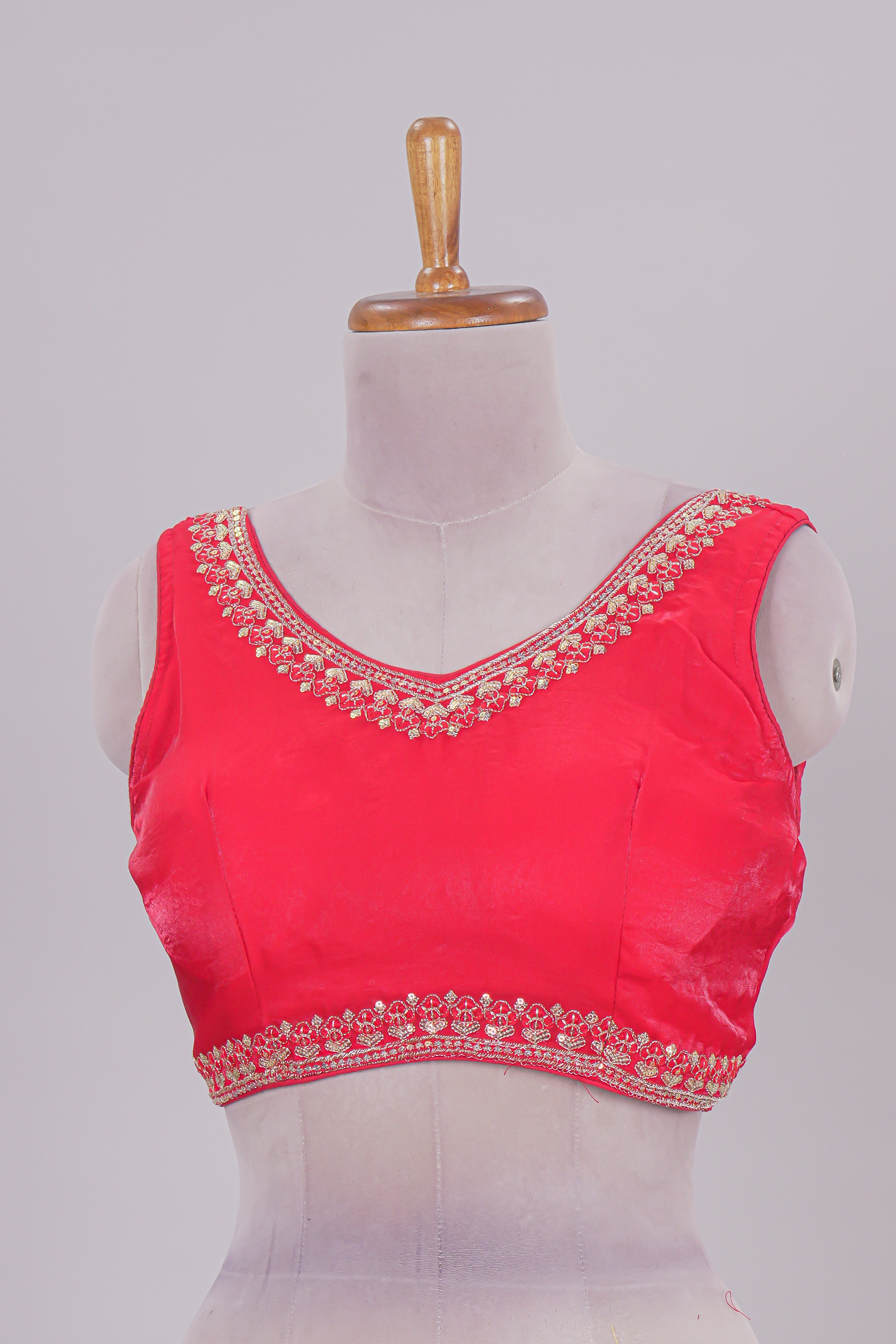 Pink chamki embroidery work readymade designer blouse, sleeveless V neck with back tassels