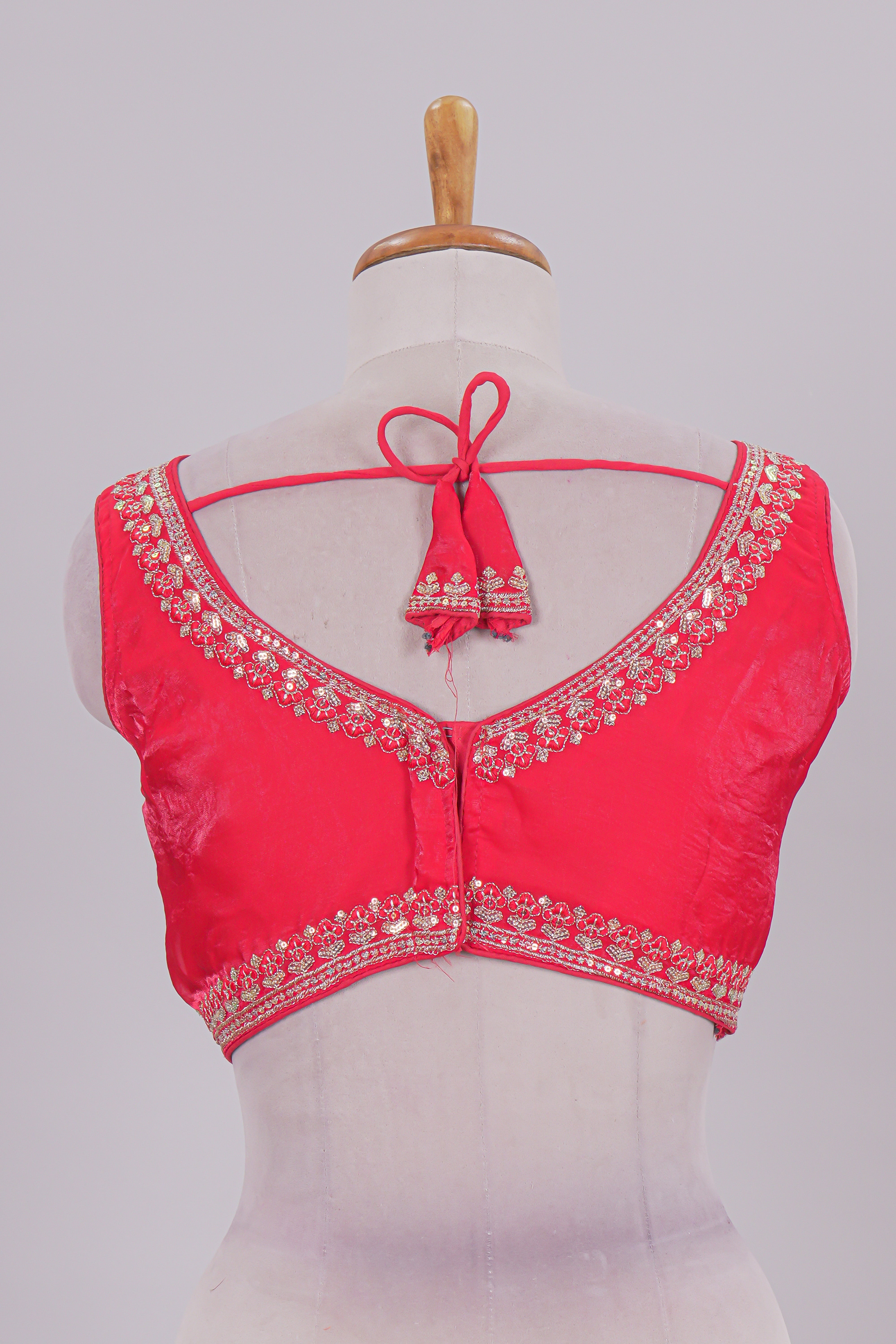 Pink chamki embroidery work readymade designer blouse, sleeveless V neck with back tassels