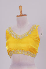 Yellow chamki embroidery work readymade designer blouse, sleeveless V neck with back tassels