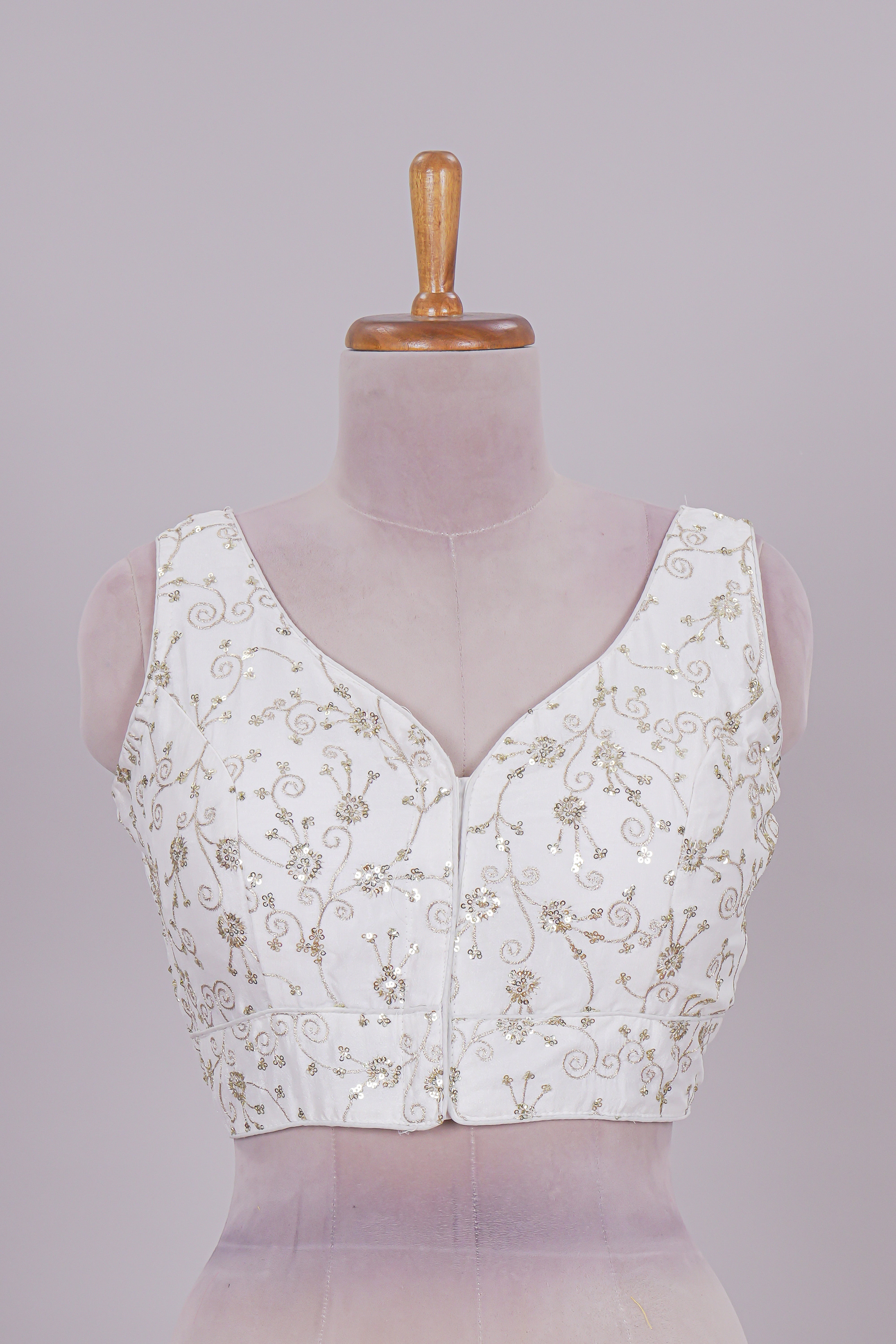 White chamki embroidery work readymade designer blouse, sleeveless V neck with back tassels