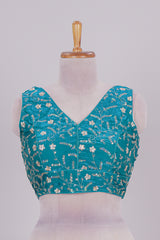 Viridian green floral chamki embroidery work readymade designer blouse, sleeveless V neck with back tassels