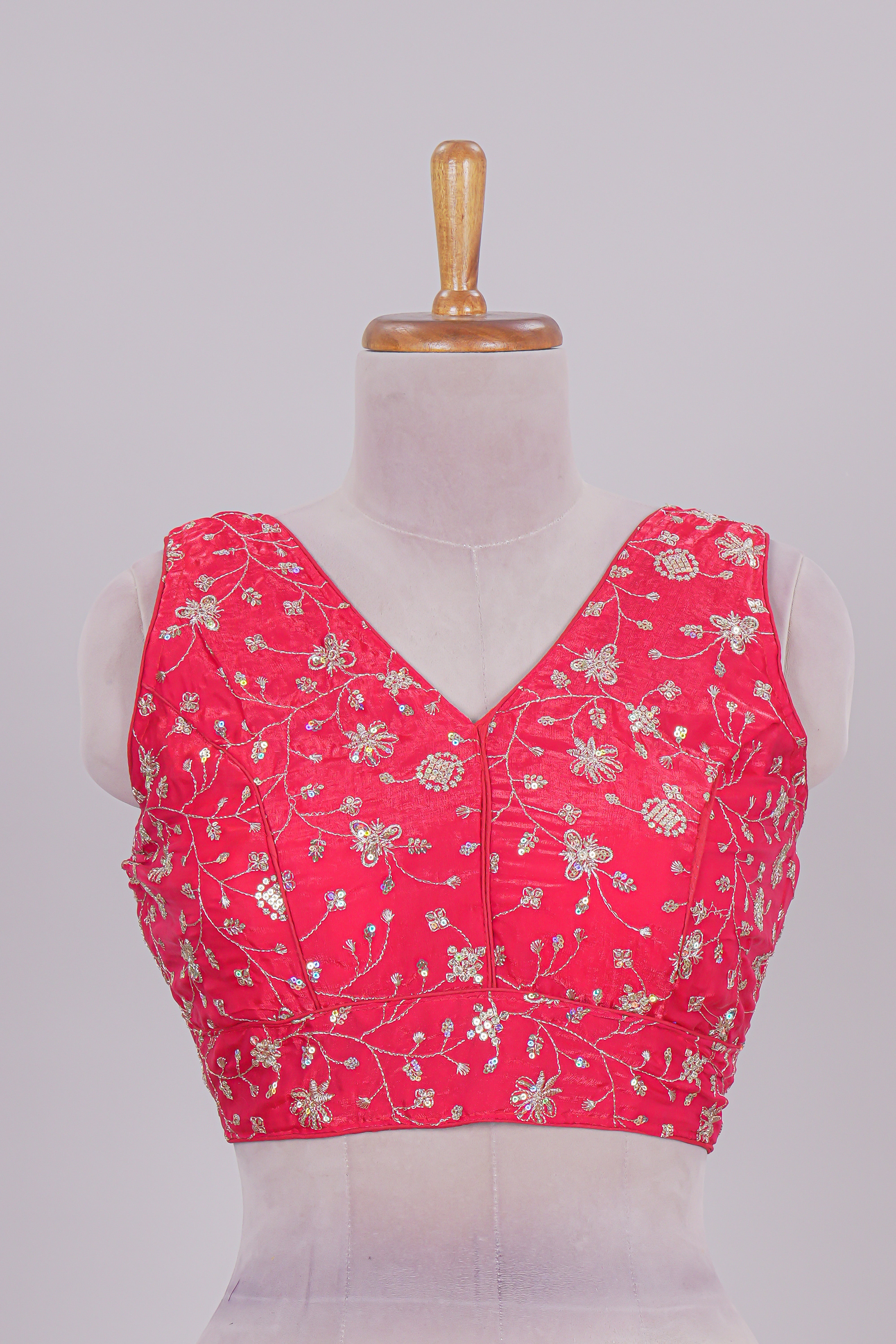 Pink floral chamki embroidery work readymade designer blouse, sleeveless V neck with back tassels