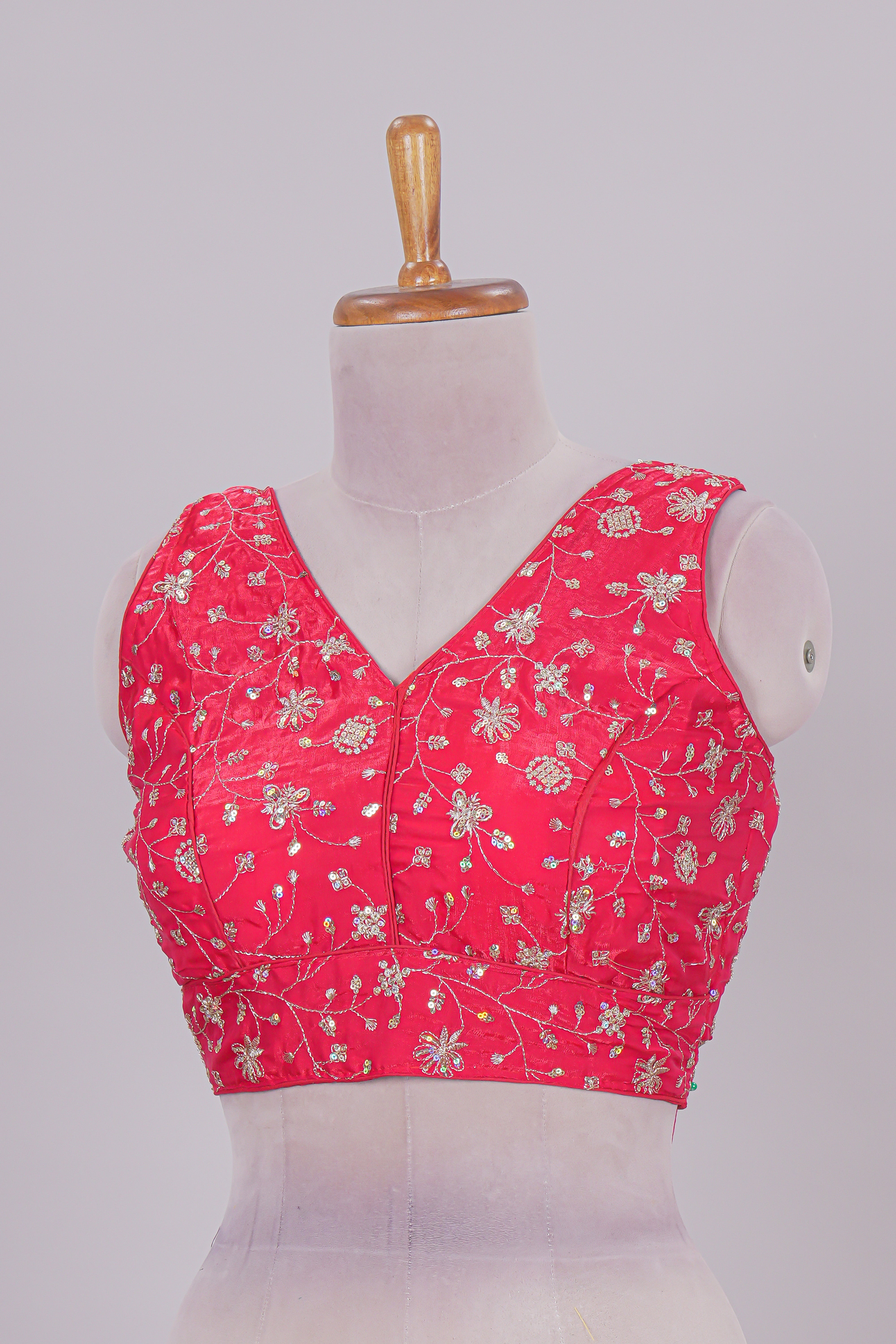 Pink floral chamki embroidery work readymade designer blouse, sleeveless V neck with back tassels