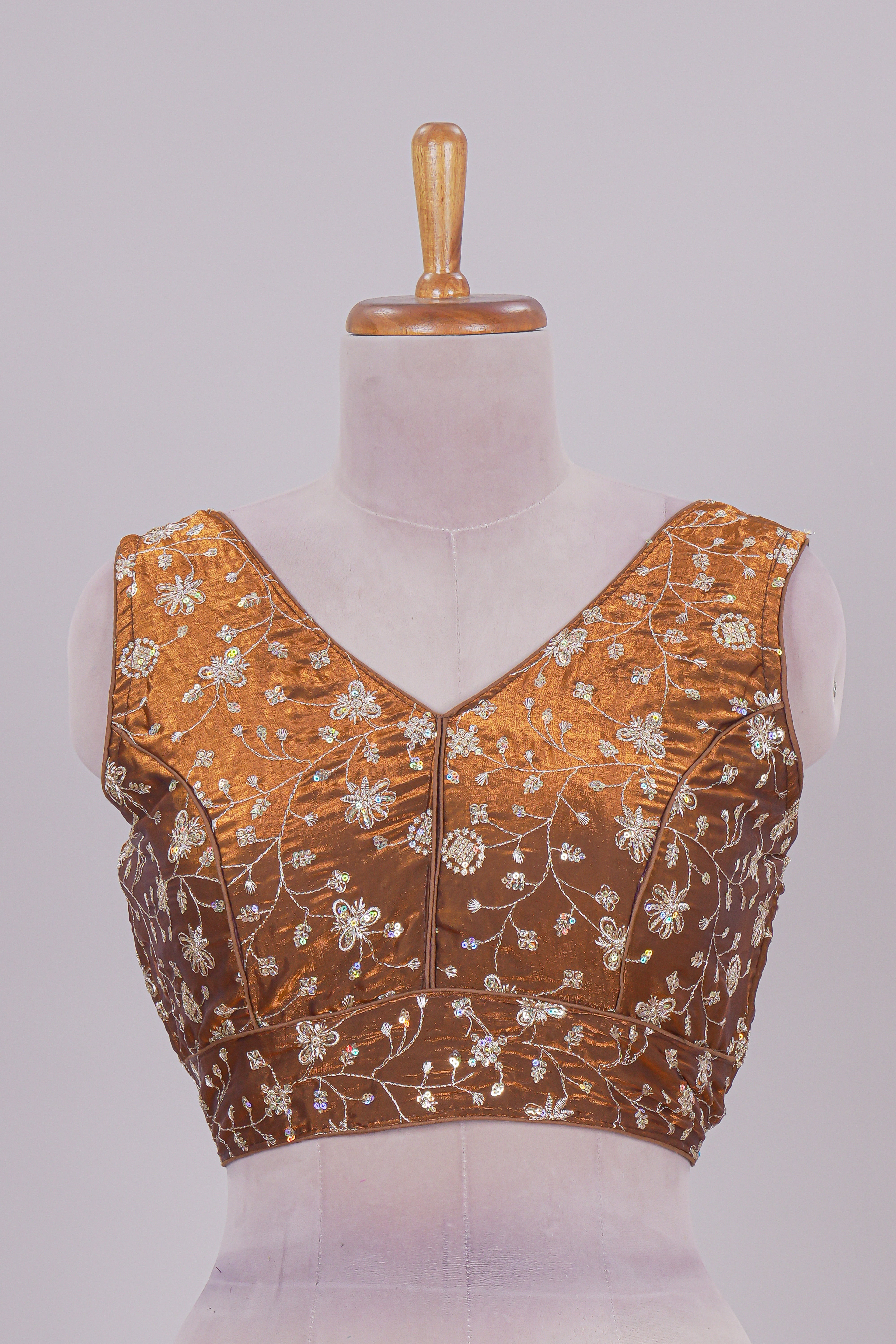 Mustard floral chamki embroidery work readymade designer blouse, sleeveless V neck with back tassels