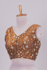 Mustard floral chamki embroidery work readymade designer blouse, sleeveless V neck with back tassels
