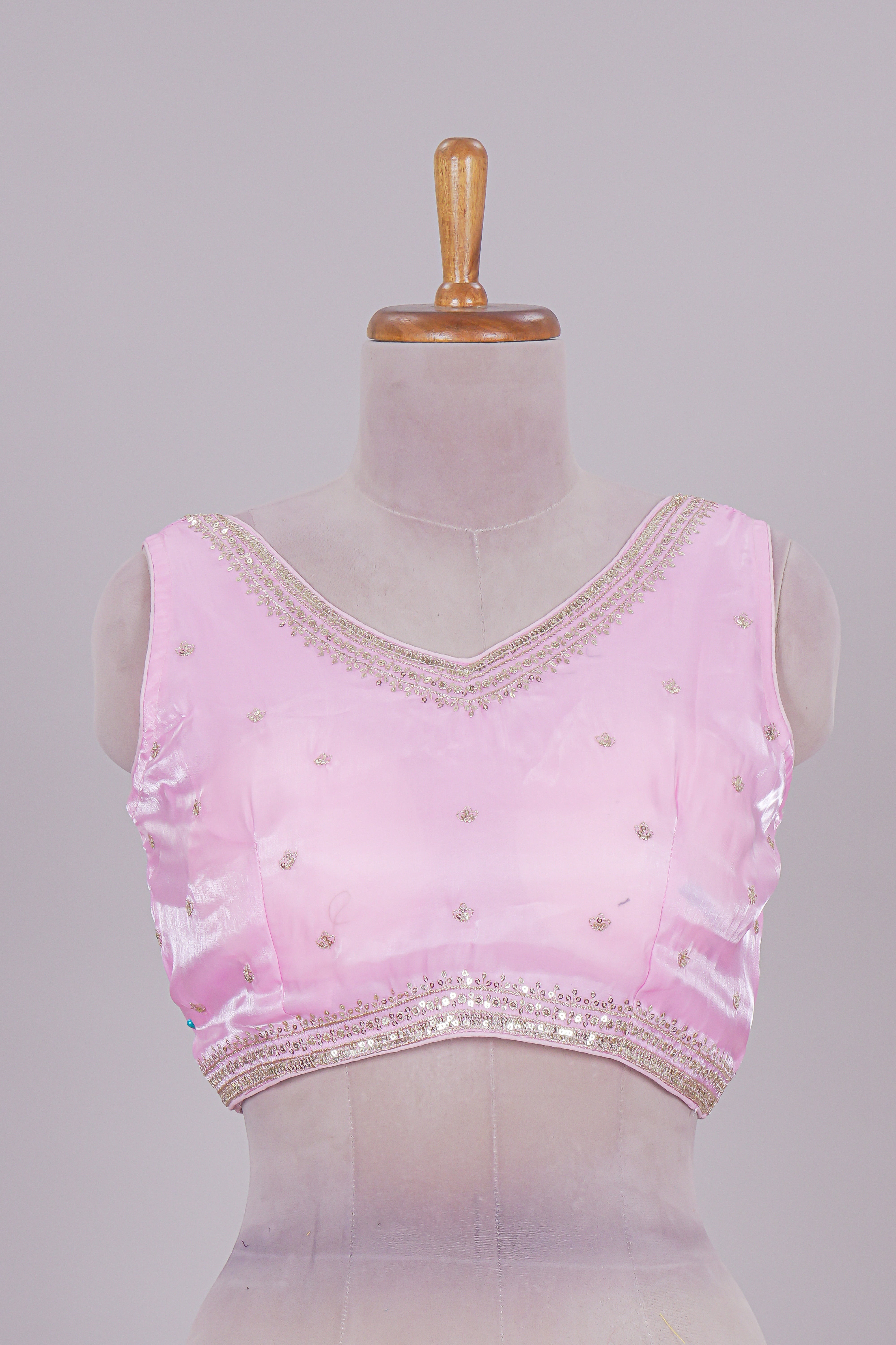 Baby pink floral chamki embroidery work readymade designer blouse, sleeveless V neck with back tassels