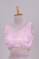 Baby pink floral chamki embroidery work readymade designer blouse, sleeveless V neck with back tassels