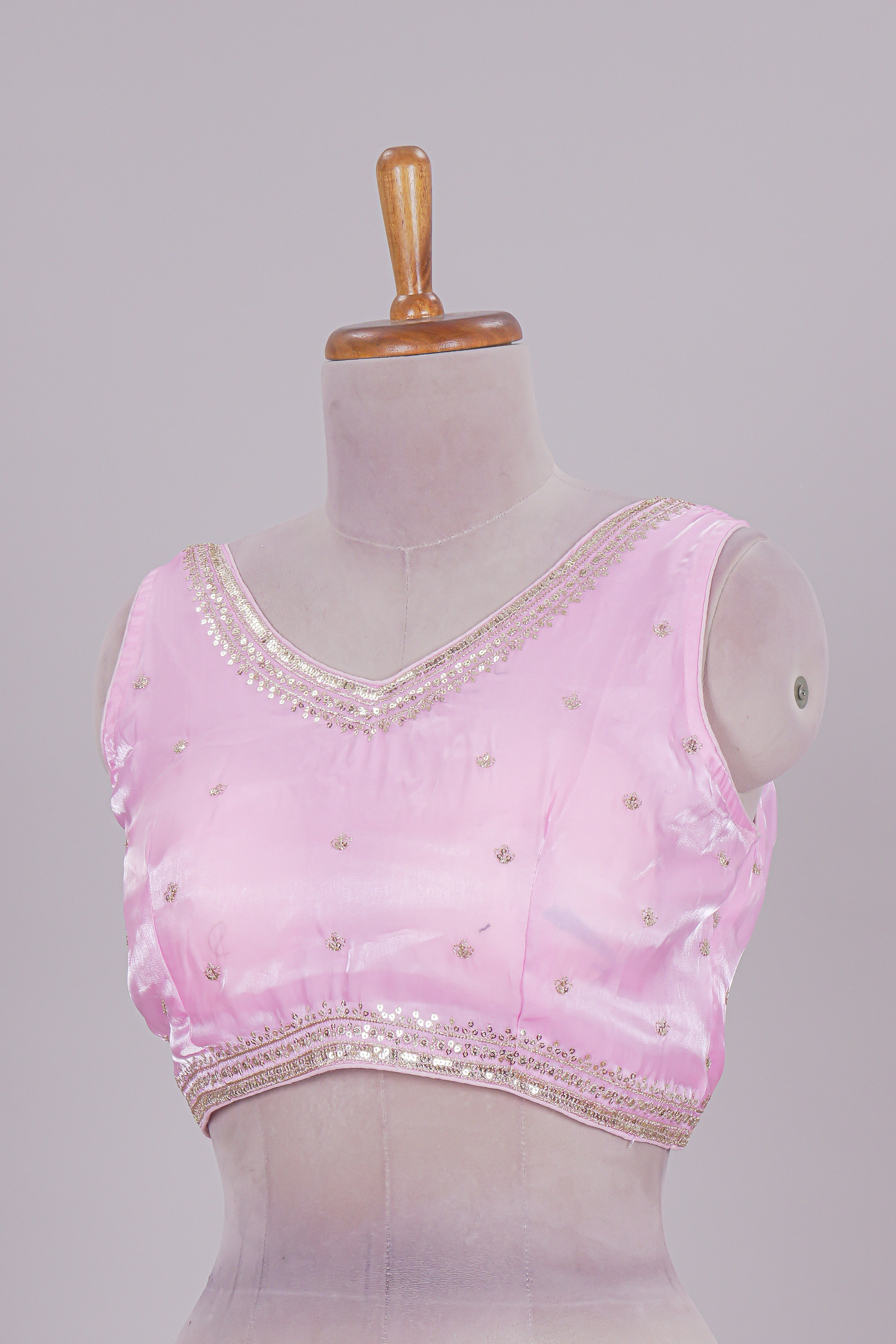 Baby pink floral chamki embroidery work readymade designer blouse, sleeveless V neck with back tassels