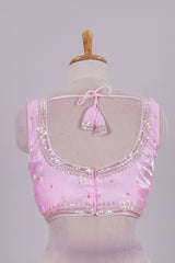 Baby pink floral chamki embroidery work readymade designer blouse, sleeveless V neck with back tassels