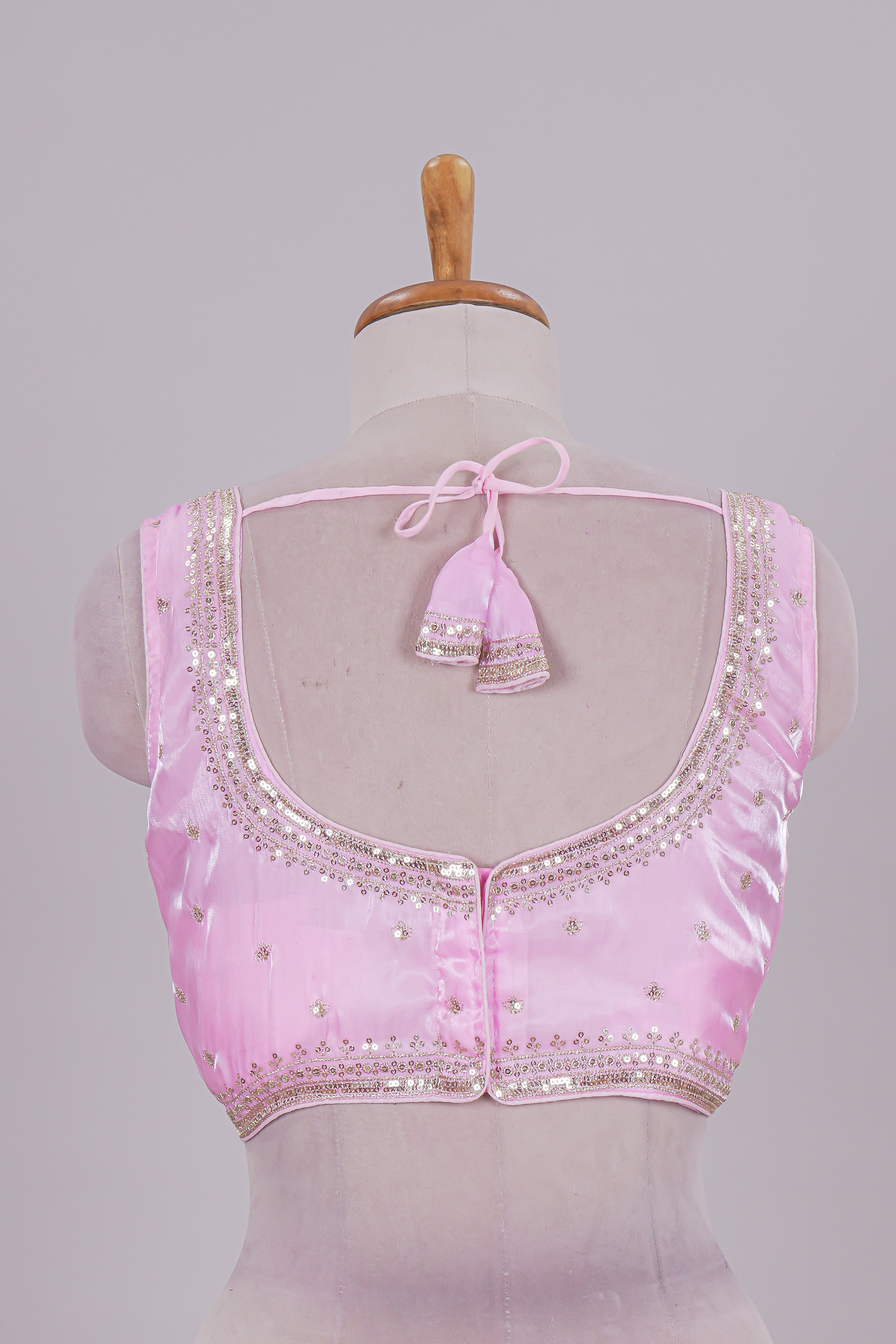 Baby pink floral chamki embroidery work readymade designer blouse, sleeveless V neck with back tassels