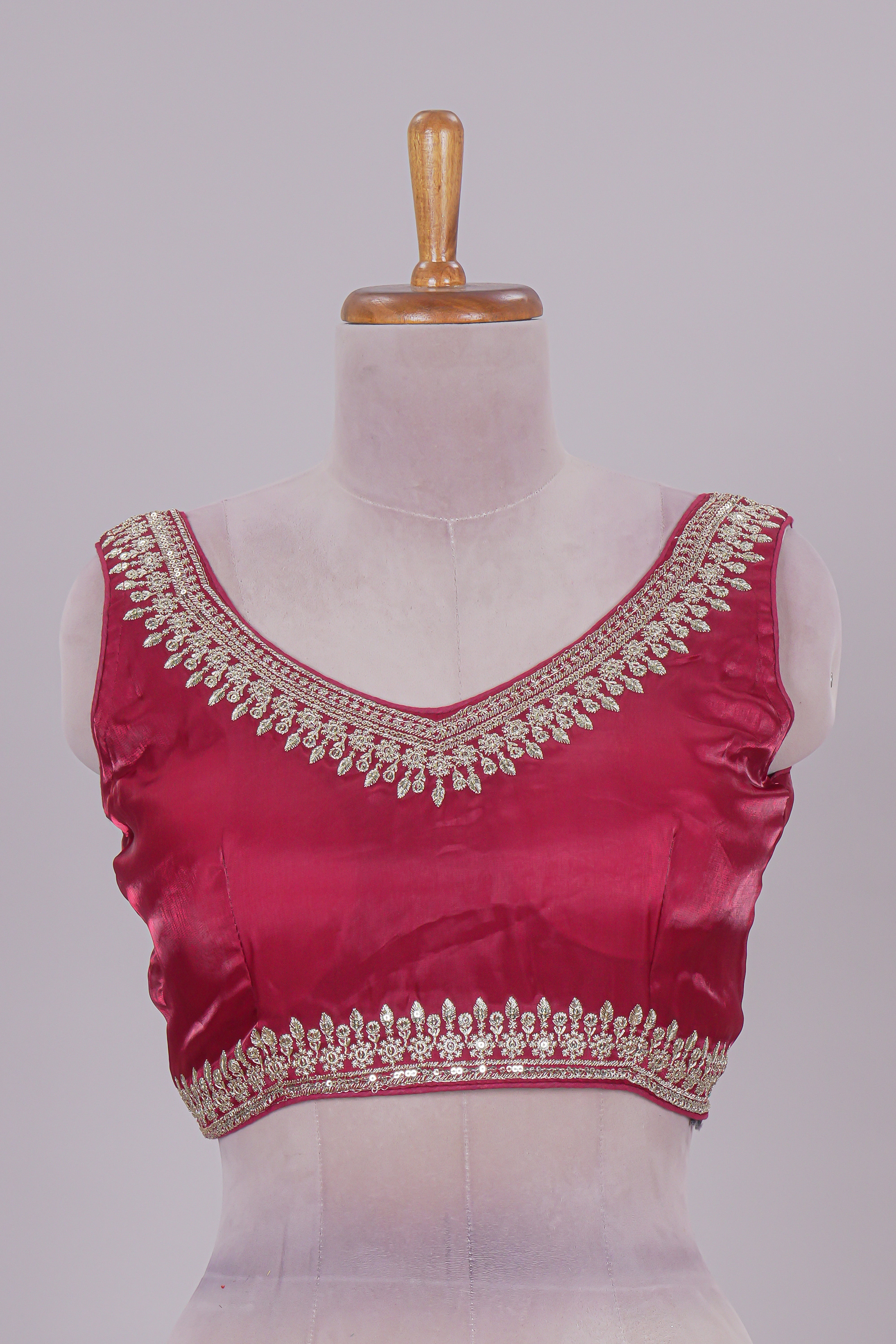 Red floral chamki embroidery work readymade designer blouse, sleeveless V neck with back tassels