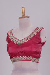 Red floral chamki embroidery work readymade designer blouse, sleeveless V neck with back tassels